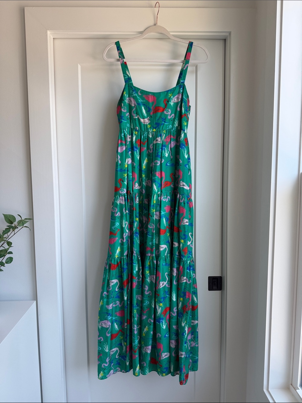 Tanya Taylor Teal Flamingo Tiered Maxi Dress